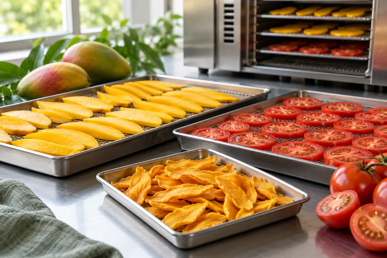 Mango slices and tomatoes on stainless-steel drying trays — illustrative image